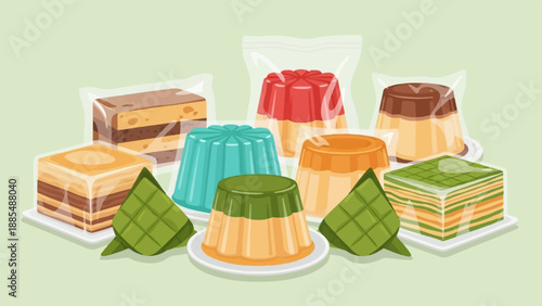Assortment of colorful jellies, cakes, and layered desserts in packaging