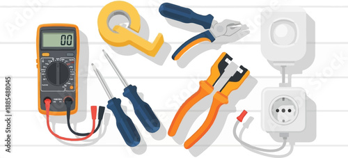 Assortment of electrical tools and outlet on a white, lined background