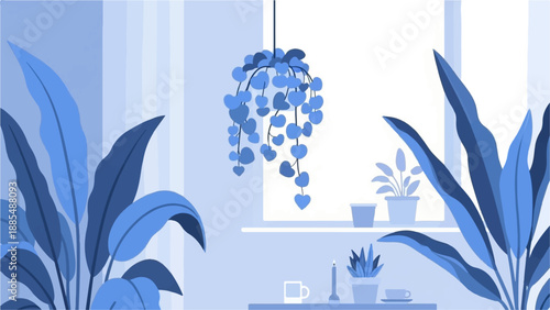 Blue toned room with houseplants, window, candle, and coffee cups