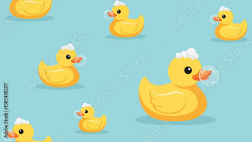 Cheerful yellow bath toys with foamy heads and bubbles float on blue