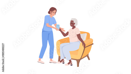 A caregiver assisting an elderly woman with medication in a modern healthcare setting