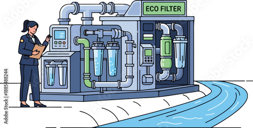 Woman inspecting eco-friendly industrial water filtration system
