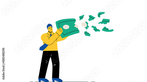A cartoon man throwing a large stack of money into the air with a joyful expression