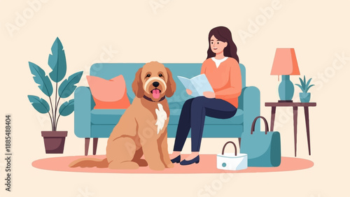 A woman reads a book with her dog on a sofa, indoors