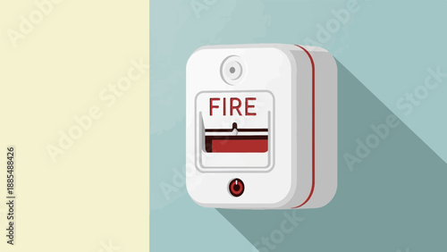 A white fire alarm pull station with red accents on a pale blue wall