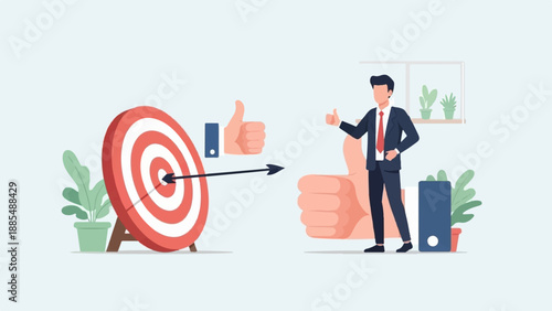 Businessman achieves target with thumbs up approval and positive feedback