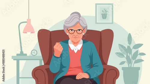 An angry grandmother sitting in a chair, shaking her fist