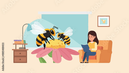 A woman reads a book on a couch while bees pollinate a flower