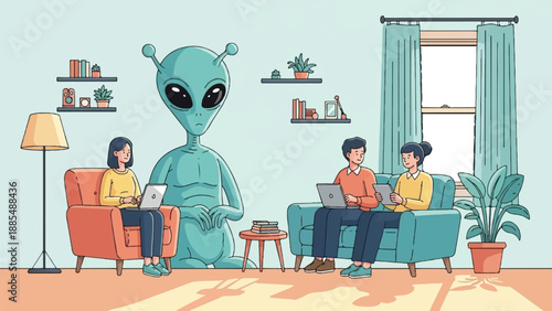 An alien visits humans working remotely in a living room, bringing diversity