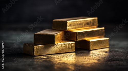 Wallpaper Mural Gleaming Gold Bars Arranged Elegantly on a Dark Surface with Subtle Reflections and Atmospheric Lighting Enhancing the Luxe Appeal of the Scene Torontodigital.ca