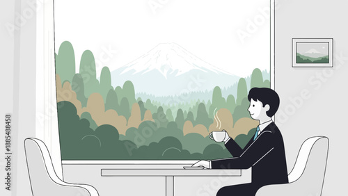 Businessman enjoys coffee, looking at serene mountain and forest view