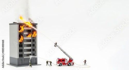 Miniature Firefighters and Fire Truck Conducting Firefighting Operations with Copy Space, Fire Insurance and Disaster Concept