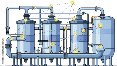 Industrial filtration system with cylindrical tanks and pipes, viewed from the side, showcasing mechanical equipment and process flow