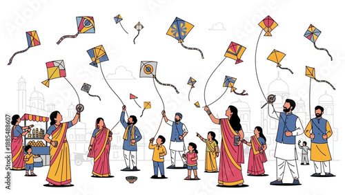 Illustration of people, including a child, flying colorful kites in vibrant street scenes during the Makar Sankranti festival in India, with a lively atmosphere.