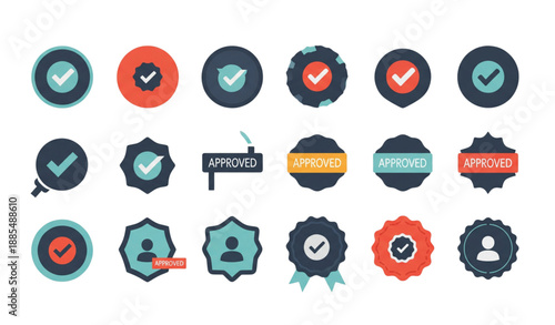 Profile verification check mark badge icons flat vector set isolated on transparent background