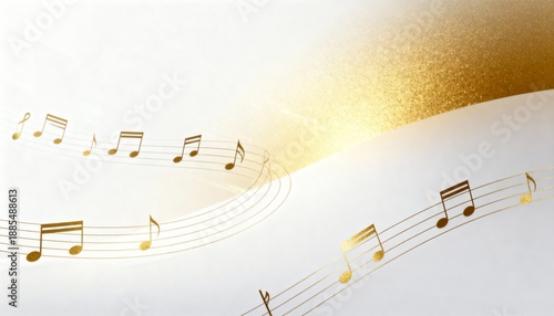 Golden musical notes flowing on an elegant white background. Abstract melody score with glitter texture. Luxury celebration concept