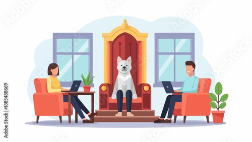 A white dog sits on a throne while two people work on laptops