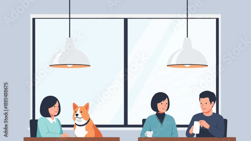 Casual gathering with dog at a modern cafe with large windows