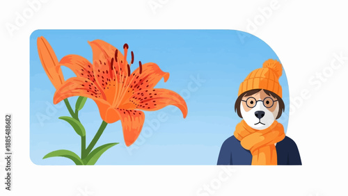 An animated dog in winter clothes stands next to a vibrant orange lily