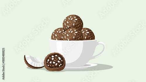 A white cup overflows with spherical treats, a sliced fruit lies nearby