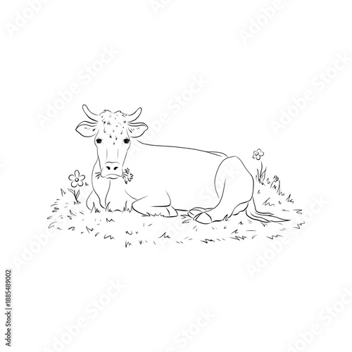 An adult cow lies on the grass and chews grass. Hand-drawn graphics.