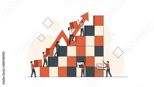 Group of professional business people collaborating to build a rising bar chart with an upward arrow for growth strategy concept