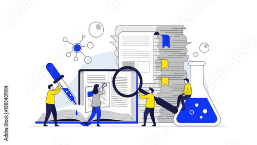 Tiny people conducting scientific research and experiments with giant books magnifying glass and laboratory flask for education and discovery concept