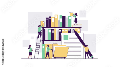 Group of professional people collaborating to organize a giant bookshelf with folders and binders for data archiving and management concept vector illustration