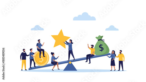 Tiny people balancing giant coin star and money bag on see-saw for success concept