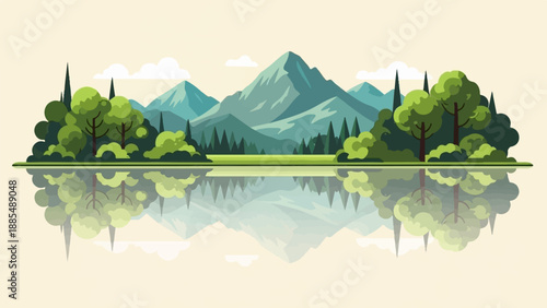 Calm lake mirrors lush green trees and majestic misty mountains