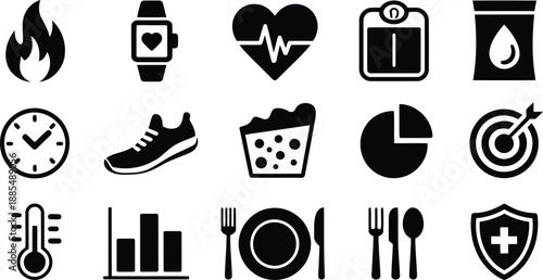 A diverse collection of black health and lifestyle related icons on a plain white surface