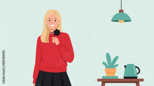 Blonde woman in red sweater and black skirt holds black flower accessory