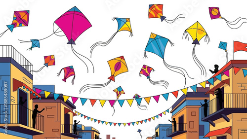 Vibrant illustration of kites flying over a festive street scene in India during Makar Sankranti with colorful buildings and decorations.
