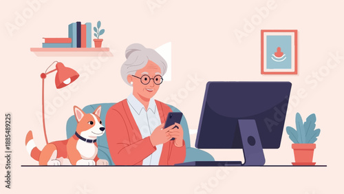An elderly woman smiles while holding a smartphone, with a dog beside her, near a computer