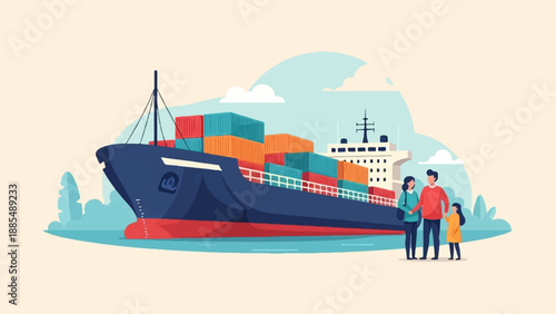 Cargo ship with family in front of it