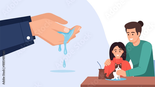 Caring hands offer water to a family and their cat