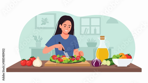A woman in a blue t-shirt prepares a fresh salad in a bright kitchen