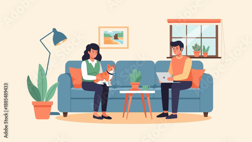 A woman holds a dog while a man uses a laptop on a couch
