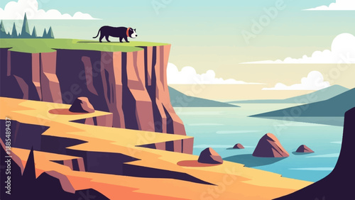 Black dog on cliff edge overlooking tranquil water with distant hills