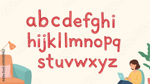 Cartoon alphabet on a light background with a woman working on a laptop