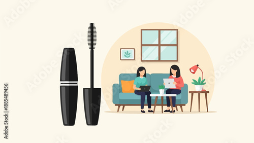 Black mascara wand and two women on couch with laptops