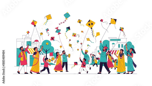 Vibrant illustration of people celebrating Makar Sankranti kite festival in India with colorful kites and joyful street scenes.