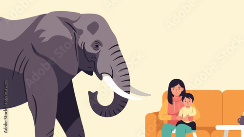 An elephant looks at a mother and child sitting on a couch