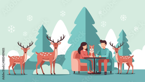 A whimsical winter scene with deer, a couple, and dog at a cafe