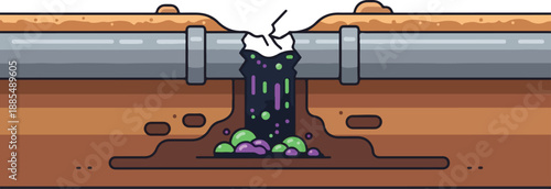 Industrial pipe leaking toxic waste onto dry land with pollution and environmental damage