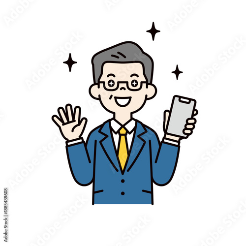 スマートフォンをもって感激する、中高年のビジネスマン・上司・社長の上半身ベクターイラスト素材