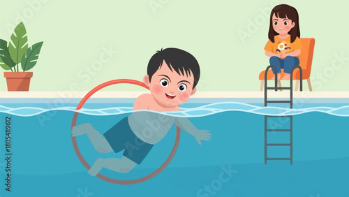 Children enjoying a sunny day swimming and playing by the pool