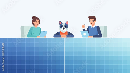 Cartoon business meeting with people and anthropomorphic dog