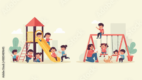 Children enjoying playground activities with a watchful adult and a friendly dog