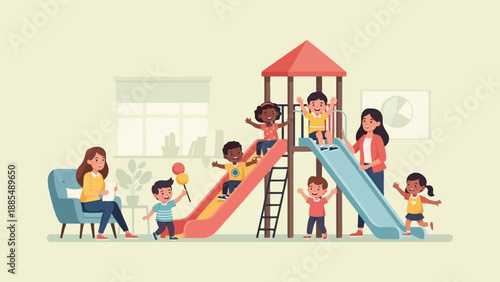 Children happily playing on a playground slide with adults supervising